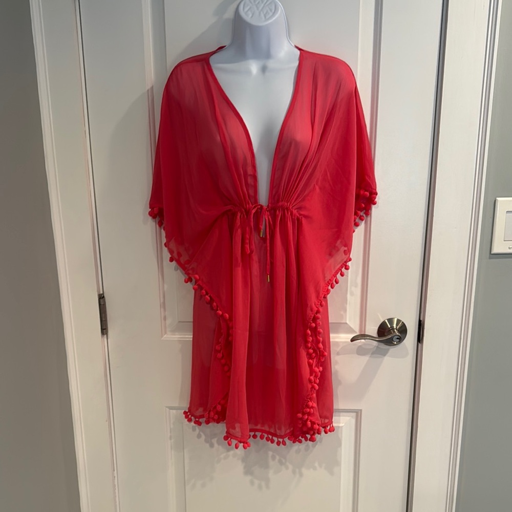 Blue Rod Beattie Red Sheer Swim Cover-Up with Pom-Pom Trim